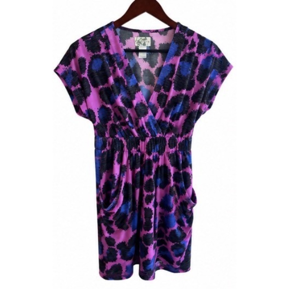 Paraella Animal Print Dress‎ Women Medium Purple Blue EUC V-Neck Pocket Mini
